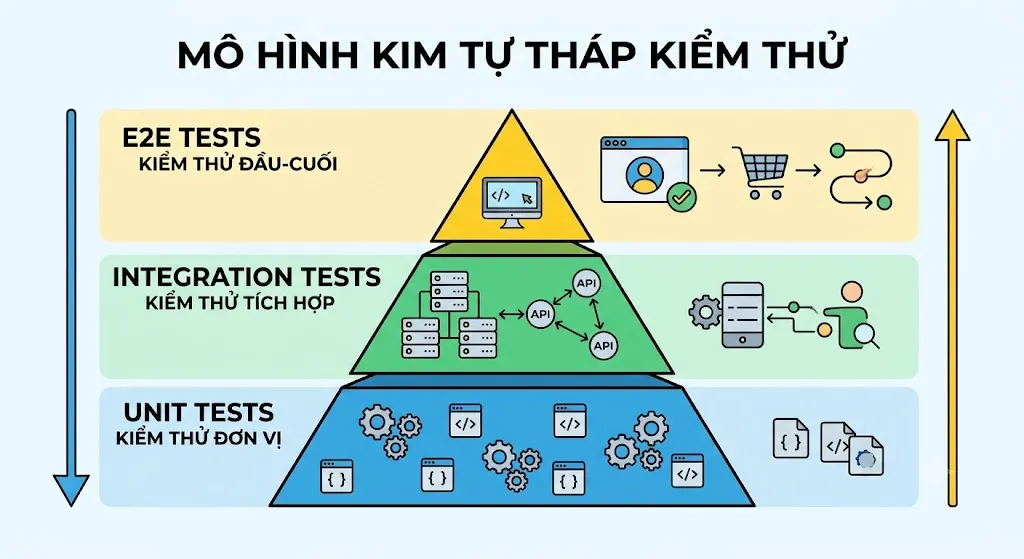 Mô hình kim tự tháp kiểm thử: E2E Tests ở đỉnh, Integration Tests ở giữa, Unit Tests ở đáy